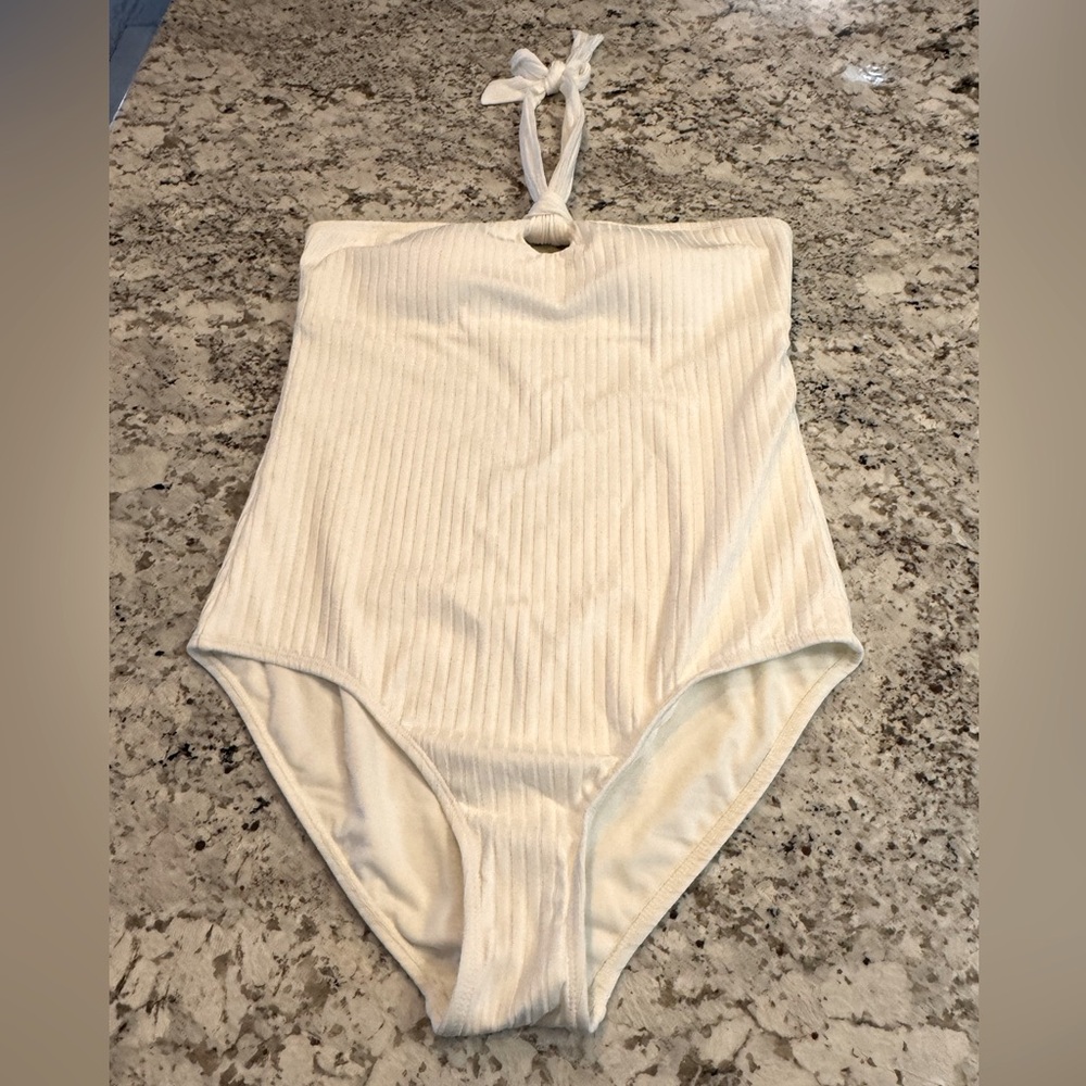 Pink Lily Cream Ribbed One-Piece Swimsuit